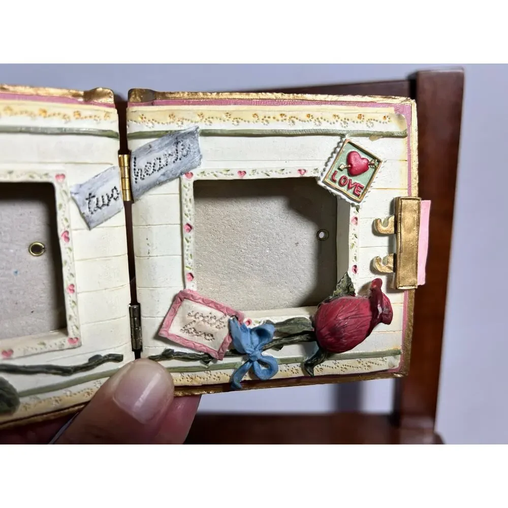 Vintage Sculpted Resin Book Style Double Photo Frame Heart Cottage Shabby Chic